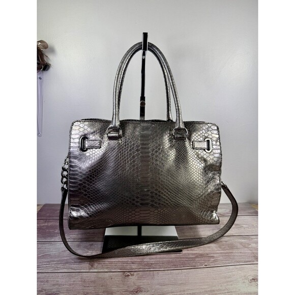 MICHAL KORS Large Hamilton Gray Luxury Embossed Leather Satchel Shoulder Bag - Picture 3 of 17